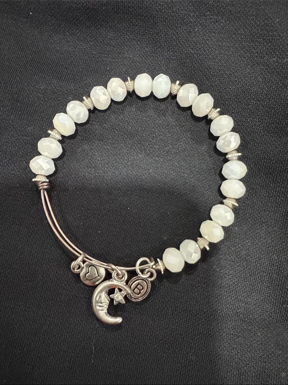Alex and Ani Faceted White Bead Bracelet with Moon & Initial Charms